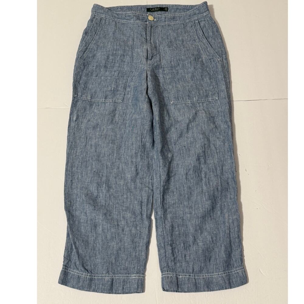 Lauren Ralph Lauren Blue Chambray Wide Leg Cropped Linen Pants, Size 6